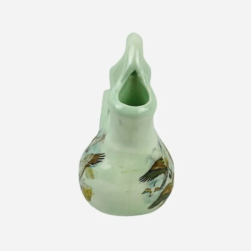 RARE VTG Green Double Opening Spout Bud Vase Planter Geese Mallard Duck Signed
